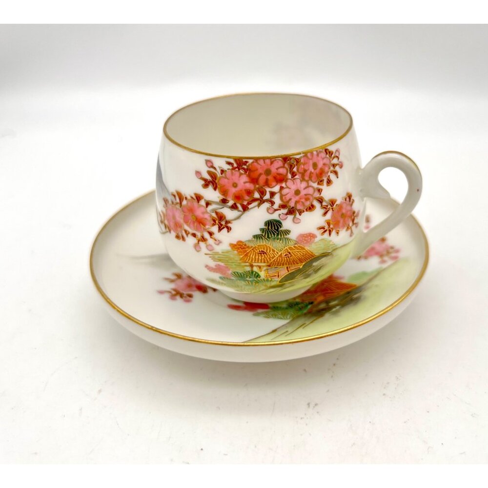 Vintage Japanese Geisha Lithophane Demitasse Teacup Saucer Cherry Blossoms Gilt